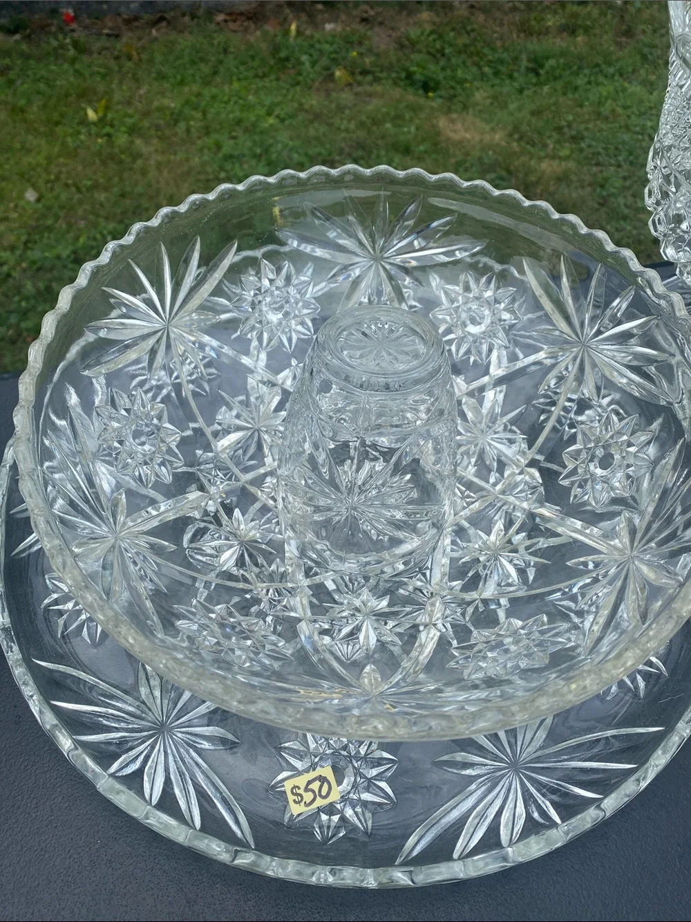 Clear Cut Glass Serving Bowl and Platter Set - Elegant Star Pattern